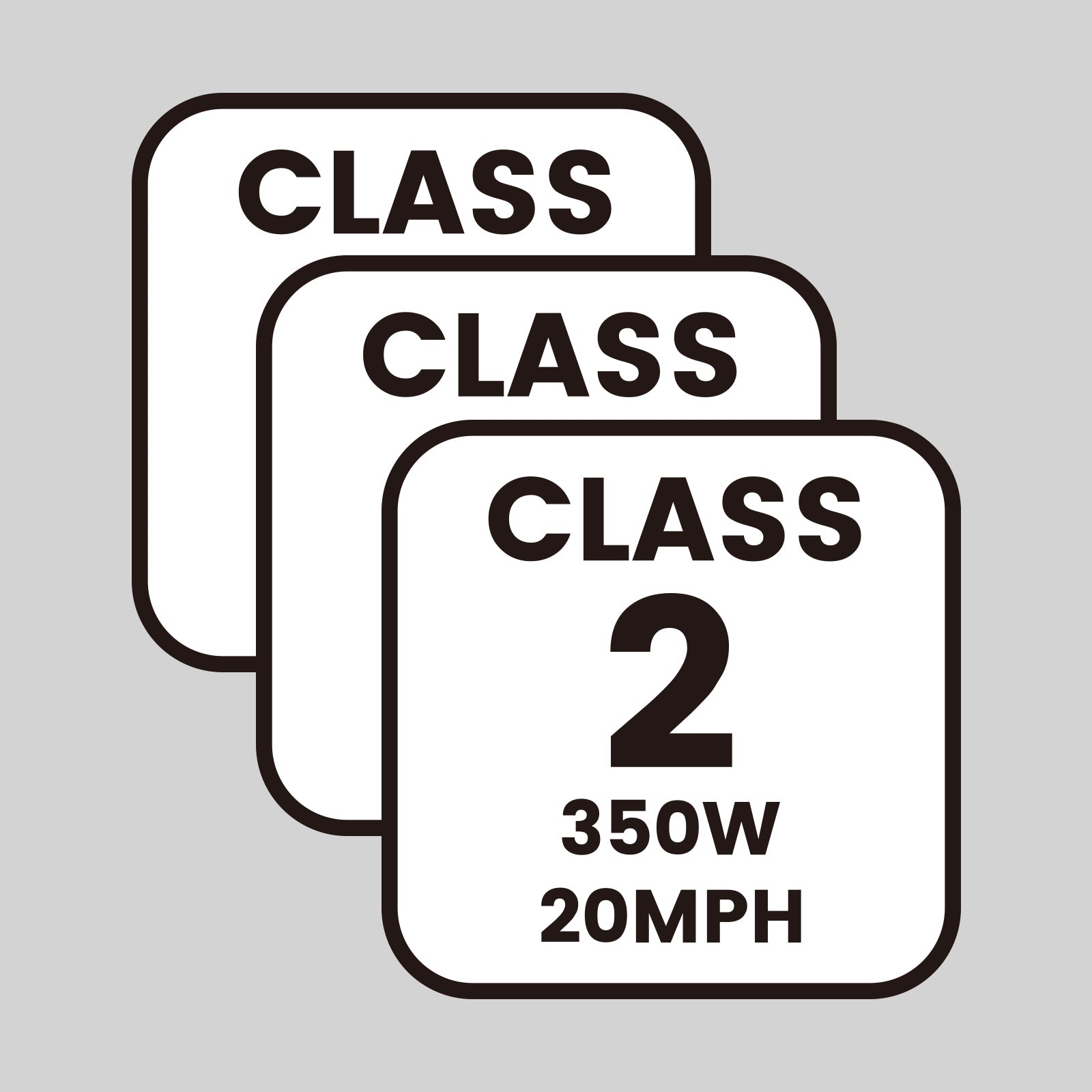 All e-bikes in California must have a 1.5 x 1.5 inch vinyl label detailing the type, top assisted speed, and motor wattage. Class 1 e-bikes are pedal-assist only, with no throttle, and have a maximum assisted speed of 20 mph. Class 2 e-bikes are throttle-assisted with a maximum speed of 20 mph. Class 3 e-bikes are pedal-assist only, with no throttle, and have a maximum assisted speed of 28 mph.