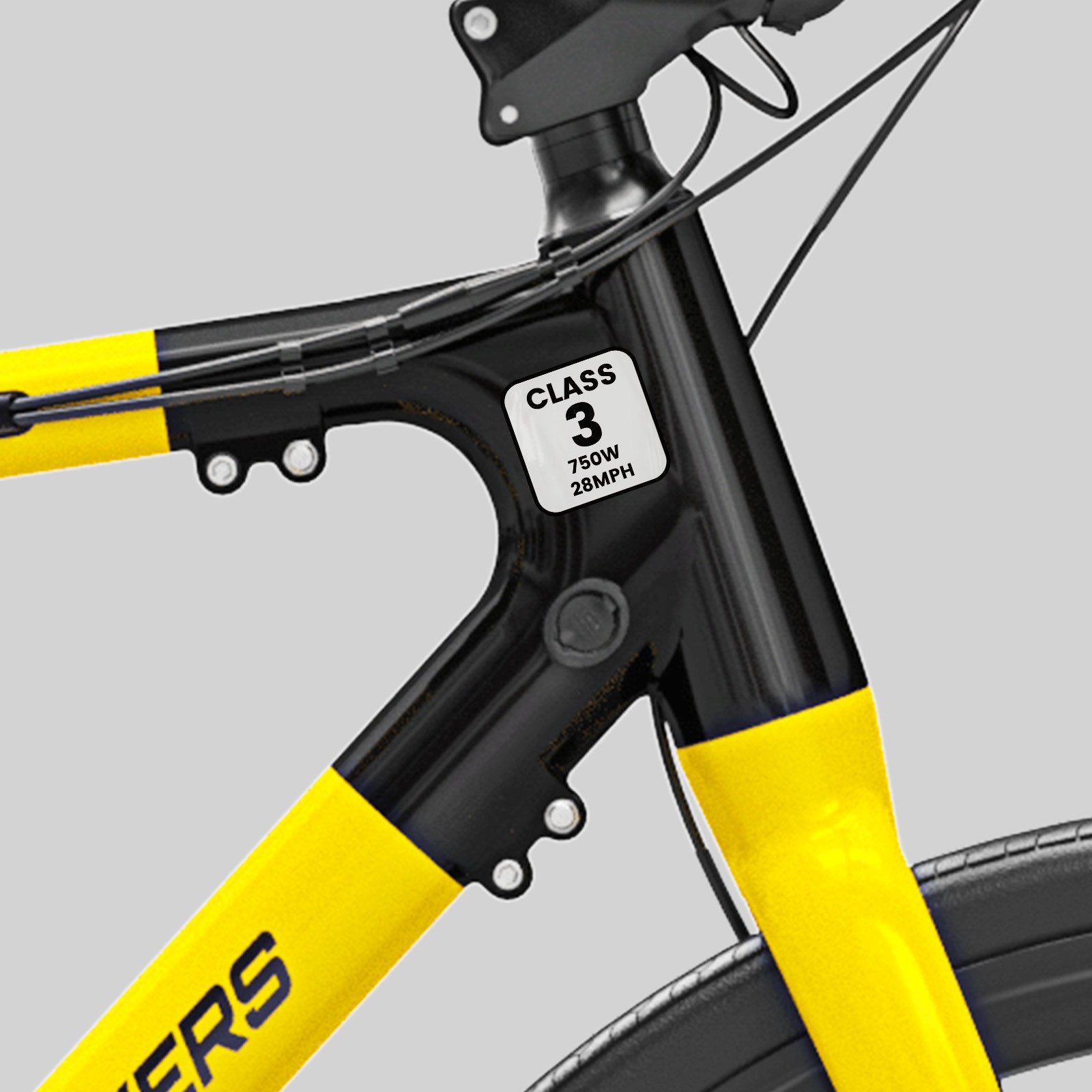 All e-bikes in California must have a 1.5 x 1.5 inch vinyl label detailing the type, top assisted speed, and motor wattage. Class 1 e-bikes are pedal-assist only, with no throttle, and have a maximum assisted speed of 20 mph. Class 2 e-bikes are throttle-assisted with a maximum speed of 20 mph. Class 3 e-bikes are pedal-assist only, with no throttle, and have a maximum assisted speed of 28 mph.