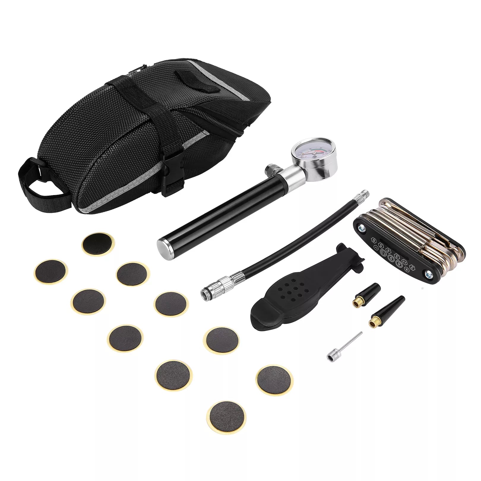 The E-Bike Repair Tool Kit contains a complete set of emergency tire tools in a compact and lightweight package that can be easily mounted on the handlebars. The tool kit weighs 0.6 kg and contains a portable pump, air outlet basketball needle, portable tool, 10 tire patches and 4 screws. This E-Bike Repair Tool Kit ensures you are always prepared.